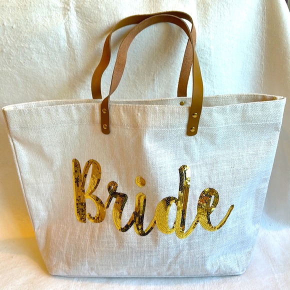 NWOT Mudpie Brand “BRIDE” Tote with Leather Straps - Picture 1 of 11